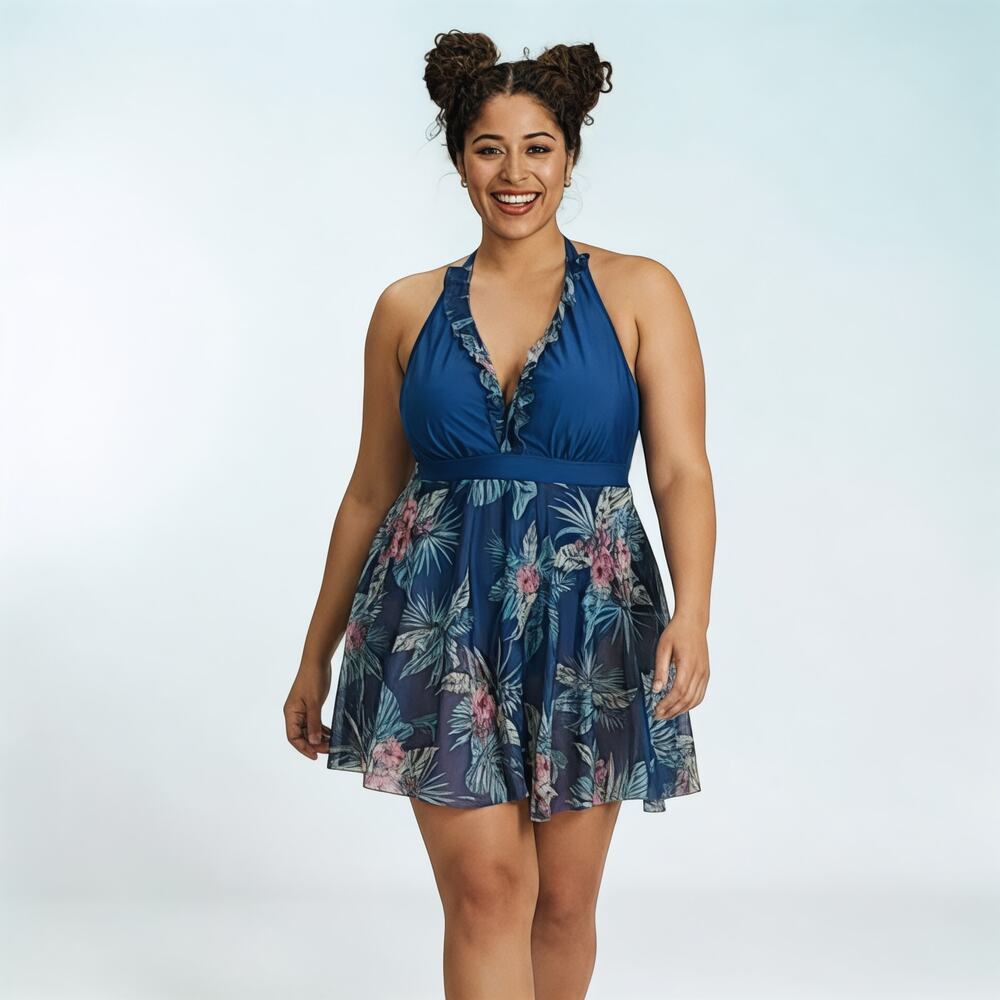 Plus Size 4X Blue Tropical Flyaway Tankini Swimsuit 2PC Set  - NWOT